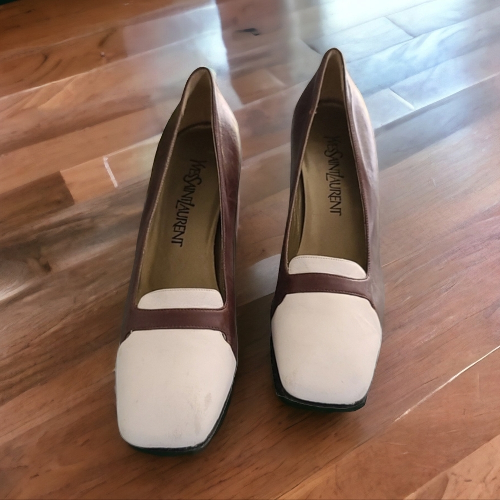 VTG YSL Retro Mod Square Toe Leather Pumps 8 N Heels Brown Yves Saint Laurent - Picture 2 of 16